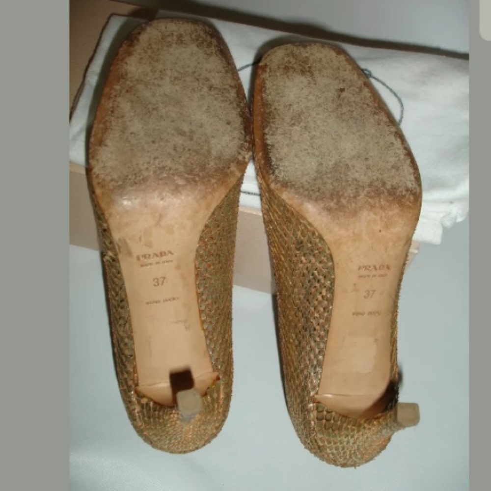 Prada Gold Metallic Python Open Toe Heels Size 37 - image 6